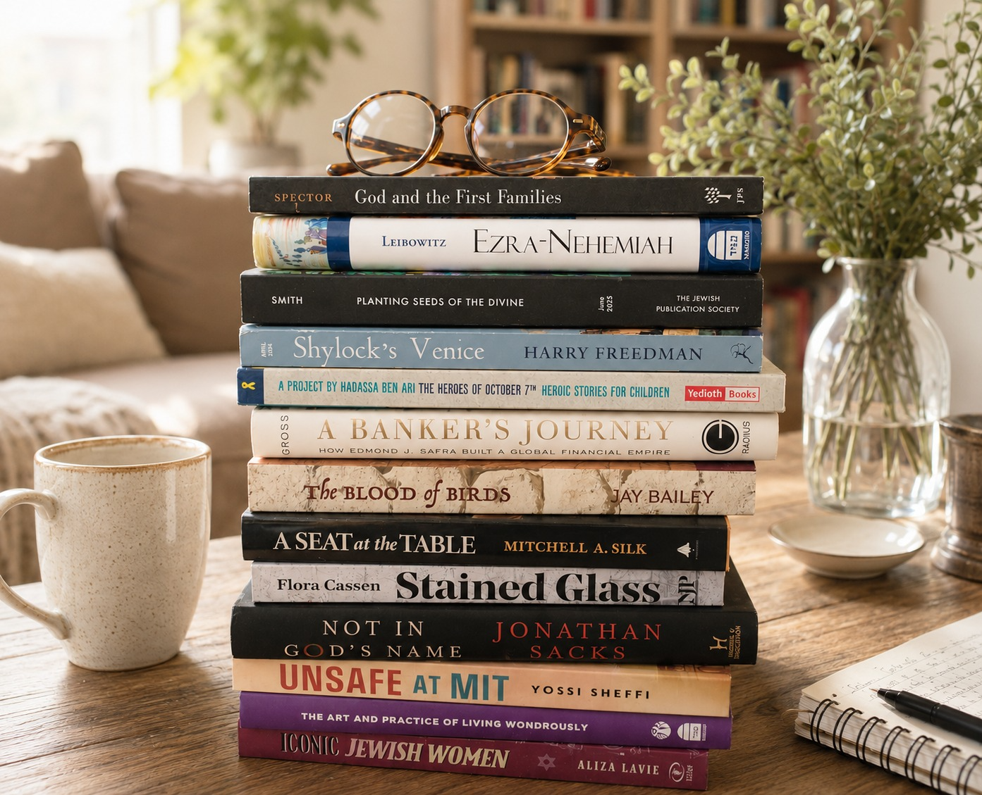 Stack of colorful books on a sunlit desk