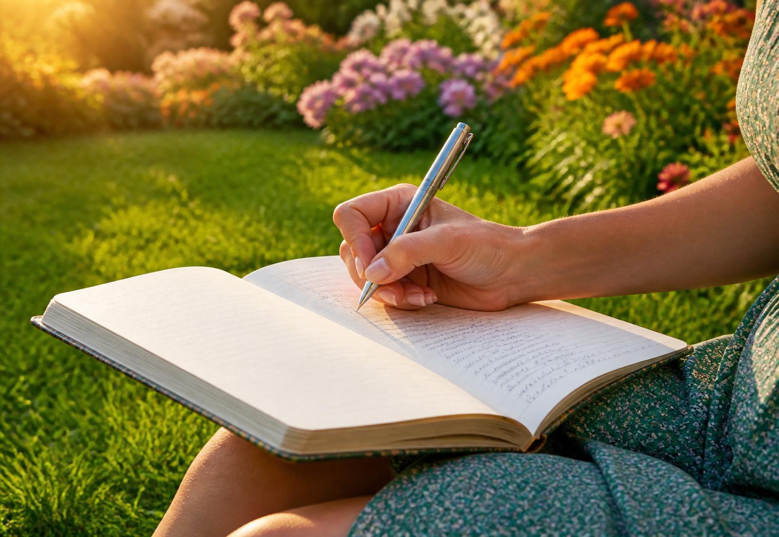 Author writing in a journal in a sunlit garden